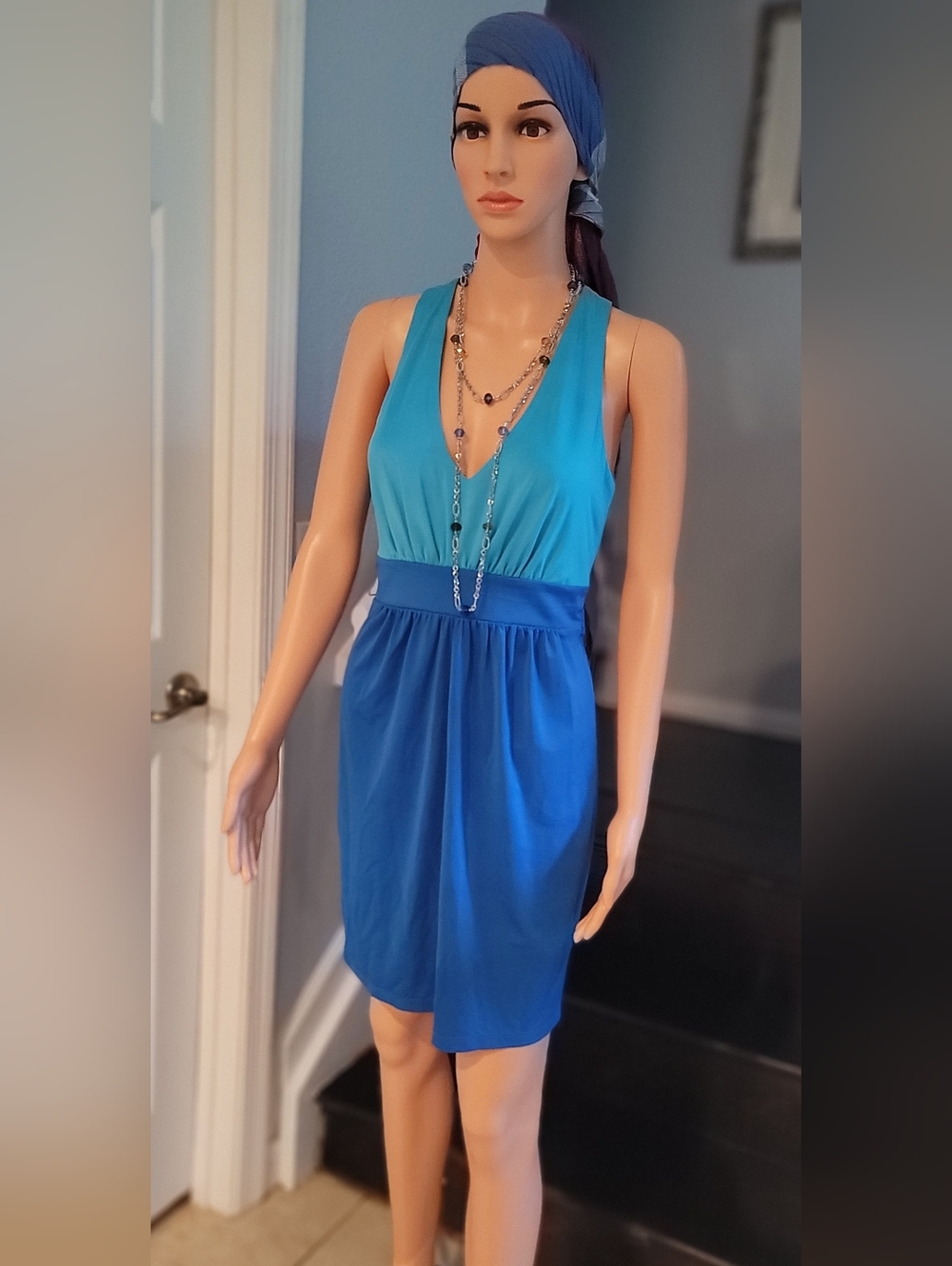 Rampage Two-Tone Teal & Bright Blue V-Neck Mini Dress
